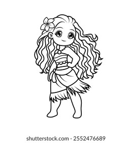 Adorable chibi ocean girl with big eyes. Perfect black-and-white outline for coloring pages.Moana.