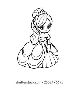 Adorable chibi princess with big eyes. Perfect black-and-white outline for coloring pages. Belle