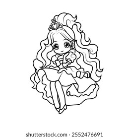 Adorable princesa chibi con ojos grandes, cabello largo y ondulado adornado con una corona de corazón, y un vestido elegante con volantes. Perfecto contorno en blanco y negro para colorear páginas.