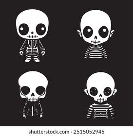 Adorable chibi skeleton in a Halloween-themed cartoon vector illustration.
