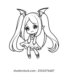 Bezauberndes Chibi Vampir Mädchen mit großen Augen. Perfekte schwarz-weiße Umrisse zum Färben von Seiten.