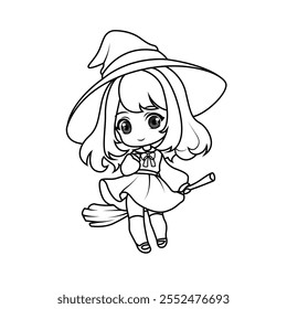 Adorable chibi witch girl with big eyes. Perfect black-and-white outline for coloring pages.