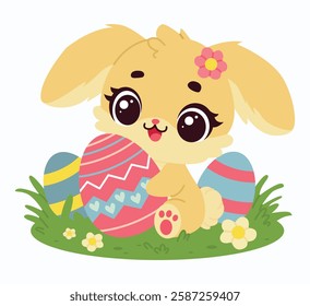 Adorable chibi-style Easter bunny holding a colorful egg, sitting on a grassy field with flowers. Cute pastel illustration perfect for Easter cards, stickers, decorations, and children’s designs.