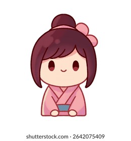 Adorable chibi-style illustration of a girl wearing a traditional pink kimono with a bow in her hair.