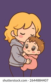 Adorable chibi-style illustration of a mother lovingly kissing her baby. Kawaii cartoon with warm colors and emotional expression. Perfect for parenting, motherhood, and family themes.