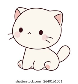 Adorable chibi-style white cat illustration with kawaii features and soft blush cheeks