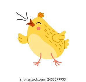 Adorable chick cartoon character tweeting joyfully with closed eyes and tiny beak, overflowing with cuteness and spreads cheer at farm or livestock. Isolated cute and funny little chicken singing