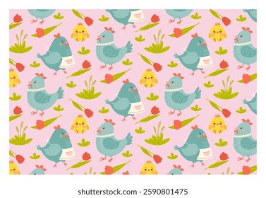 Adorable chick and hens. Seamless background. Cute vector texture with funny chickens, for baby bedding, fabric, wallpaper, wrapping paper, textile, t-shirt print