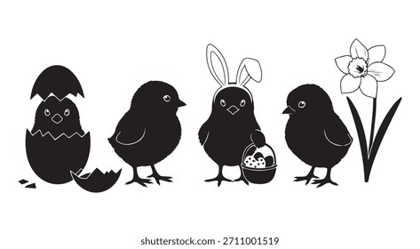 Adorables Siluetas De Pollito Perfectas Para Temas De Primavera, Diseños De Pascua, Gráficos Para Niños Y Linda Decoración