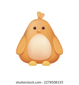 Adorable chicken character as kids toy 3D illustration. Cartoon drawing of cute yellow chick as mascot or gift in 3D style on white background. Farming, nature, agriculture concept