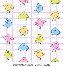 Adorable chicken seamless pattern on lattice background. Bright vector illustration. Cute design for print textile, wrapping paper, fabric.