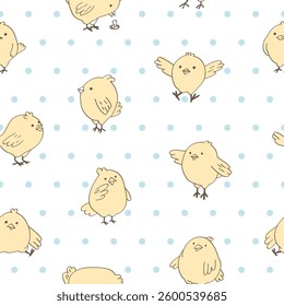 Adorable chicken seamless pattern on dotted background. Scandinavian delicate illustration. Cute vector design for print textile, wrapping paper, fabric.