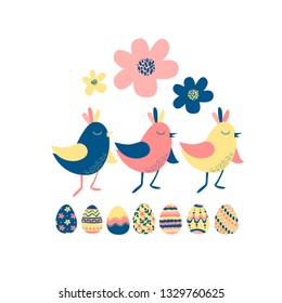 Adorable chicks with flower and colorful eggs isolated on white background. Cute lovely family of domestic fowl or poultry birds. Childish flat vector illustration for t-shirt or sweatshirt print.