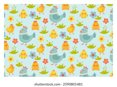 Adorable chicks and hen. Seamless background. Cute vector texture with funny chickens, for baby bedding, fabric, wallpaper, wrapping paper, textile, t-shirt print