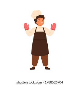 Adorable chief cook portrait. Cute little boy in professional baker uniform. Children in apron, toques, chefs hat, oven gloves. Flat vector cartoon illustration isolated on white background