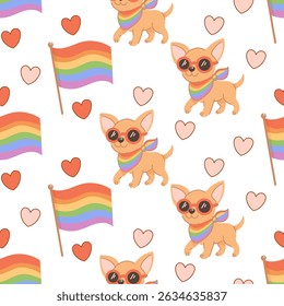 Adorável Chihuahua usando cachecol de arco-íris na celebração do orgulho