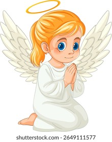 Adorable child angel illustration with golden halo, white wings, and gentle expression. Bright colors and smooth vector style