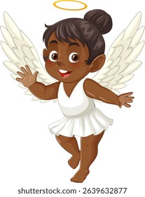 Adorable child angel in white dress with wings and halo. Vibrant colors and playful expression in a cartoon style