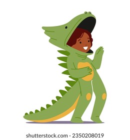 Adorable Child Character Dons Green Dinosaur Costume, Complete With Vibrant Scales And Playful Tail, Bringing Prehistoric Fun To Life With Every Step. Cartoon People Vector Illustration