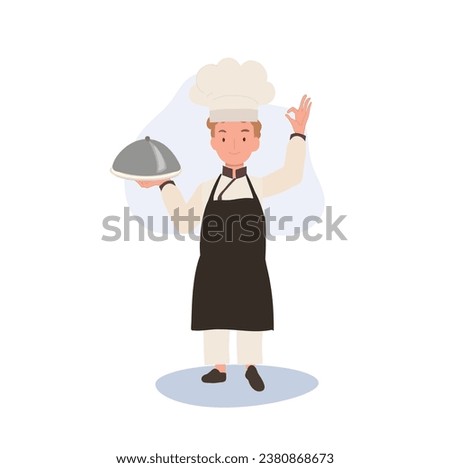 Adorable Child Chef in Chef Hat Doing OK Hand Sign. Flat vector cartoon illustration