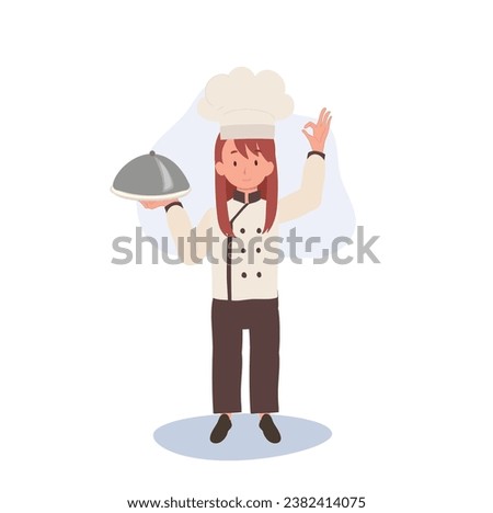 Adorable Child Chef in Chef Hat Doing OK Hand Sign. Flat vector cartoon illustration