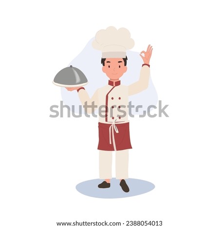 Adorable Child Chef in Chef Hat Doing OK Hand Sign. Flat vector cartoon illustration