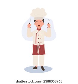 Adorable Child Chef Holding Fork and Knife. Young Chef in Chef Hat  with Fork and Knife