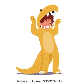 Adorable Child Dons A Dinosaur Costume, Roaring and Exuding Charm And Excitement As They Roam And Play. Kid Character Bringing Prehistoric Fun To Life. Cartoon People Vector Illustration