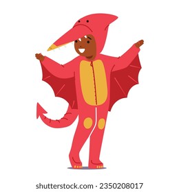 Adorable Child Dons Pterodactyl Dinosaur Costume. Kid Character Bringing Prehistoric Charm To Life. Smile And Laughter Abound As They Embrace Playful Transformation. Cartoon People Vector Illustration