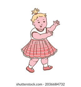 Adorable child girl beginning to walk at first year of life, sketch vector illustration isolated on white background. Cartoon character of toddler girl walking in dress.