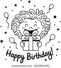 Adorable child holding a birthday present with balloons and celebratory stars illustration.