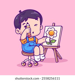 Adorable Child Painting a Flower Cartoon Illustration