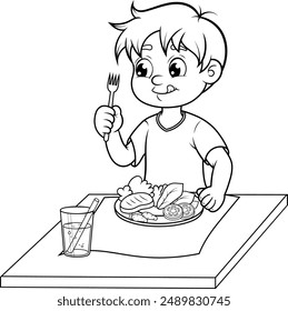 Adorable child sitting at the table ready to eat a plate of healthy food, black and white illustration.	