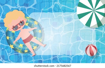 Adorable child spends summer leisurely floating in swimming pool