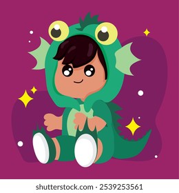 Adorable child wearing a green dinosaur costume for Halloween celebration Vector illustration