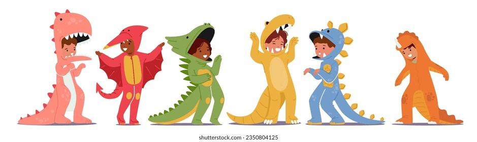 Adorable Children Boys and Girls Characters Dressed As Dinosaurs, Bringing Prehistoric Fun To Life. Colorful Costumes And Joyful Smiles Make For A Delightful Sight. Cartoon People Vector Illustration