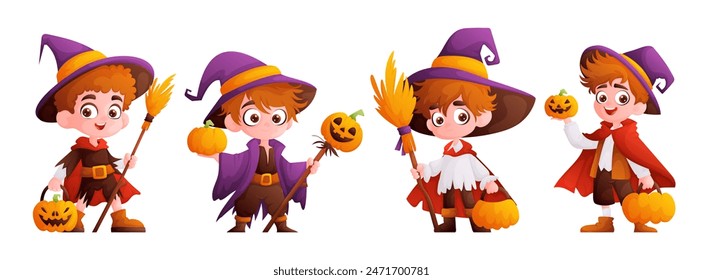 Adorable children dressed as witches and holding pumpkins, celebrating Halloween with bright costumes and cheerful expressions.