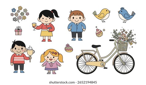 Adorable Children Enjoying Sweet Treats and Nature on a Sunny Day Illustrations