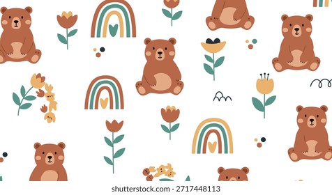 Adorable patrón de niños con lindos osos marrones sentados entre Pequeños arcoíris y flores de otoño en blanco.