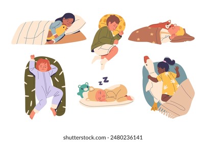 Adorables Niños Durmiendo Tranquilos En Sus Camas Acogedoras Con Mantas Cómodas Y Animales De Peluche, Imagen De Vector