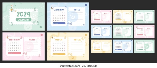 Adorable Children's Calendar 2024 and Notes: Cute Illustrations, Pastel Colors, Sunday Start, 12 Months 