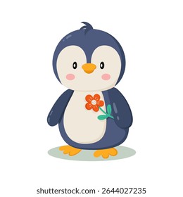Adorable children`s illustration of a baby penguin holding a flower.  Perfect for baby products, greeting cards, or children`s book.