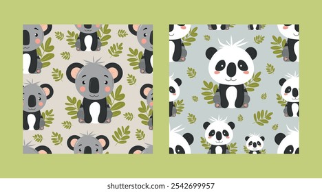 Adorable children's pattern set with cute koalas and pandas with greenery. Cute fluffy animals in children's cartoon style. For characters of children's books, comics, prints.