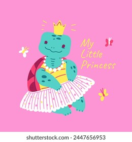 Adorable children's vector illustration with a cute turtle - princess on a pink background. A character in a skirt and crown surrounded by flying butterflies. Ideal for postcard and design.