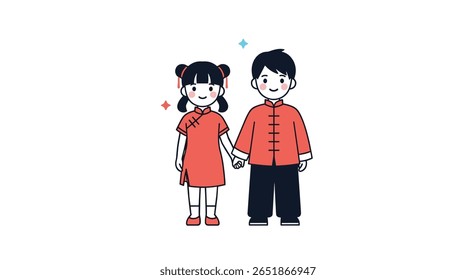 Adorable Chinese Children in Traditional Festive Attire Holding Hands Together Celebrates New Year Together