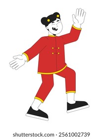 Adorable chinese girl jumping in spring festival costume 2D cartoon character. Asian female kid enjoying lunar new year isolated person flat vector on white background. Spot illustration colorful