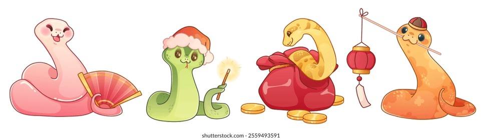 Adorable chinese zodiac snake characters with cultural elements - pink serpent with fan, green creature with sparkler, yellow python with red money bag and orange reptile carrying traditional lantern.