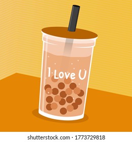 Adorable chocolate boba drink illustration! This kawaii-style flat design template with text is perfect for beverage-themed designs, menus, and cute cartoon-inspired visuals