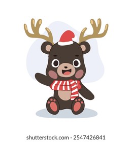 adorable christmas bear with festive scarf, reindeer horns, and christmas hat, smiling in holiday mood