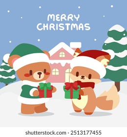 Adorable Christmas Bear and Fox Sharing Presents. Kawaii Holiday Scene. Bear and Fox with Christmas Gifts.